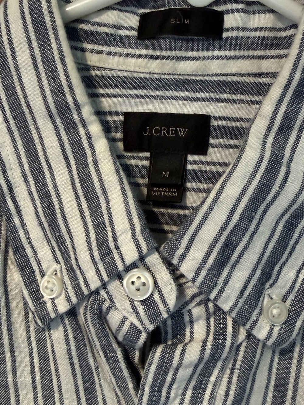 Men's J. Crew Irish Linen Button Down - Slim Medium - White / Blue Stripes - Picture 3 of 5